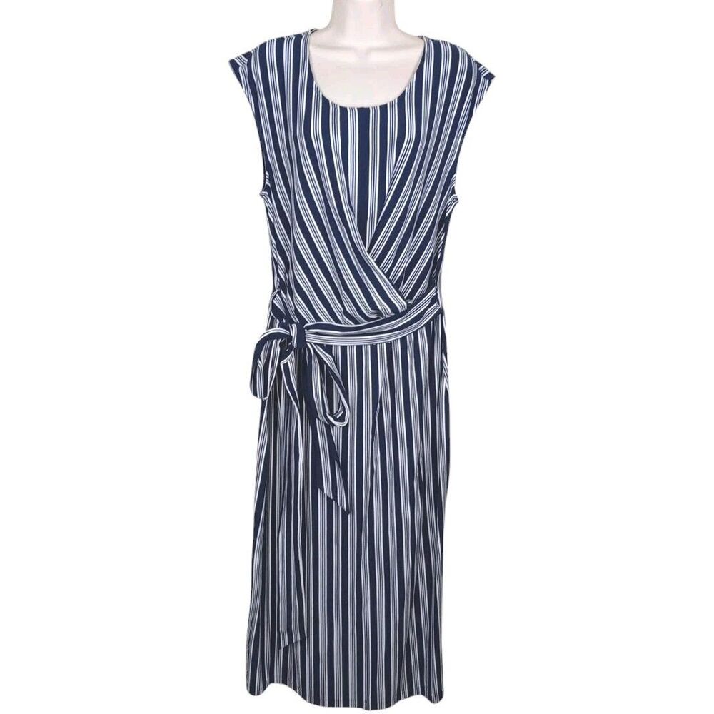 Lauren Ralph Lauren women maxi dress size 12 navy blue pinstripes white nautical - Picture 2 of 9